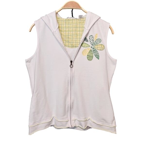 Weekend Clothesline White Hooded Sleeveless Floral Flower Patch Vest Sweater - Picture 1 of 9